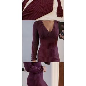 Moda International Plum V Neck Sweater Dress with bell sleeves